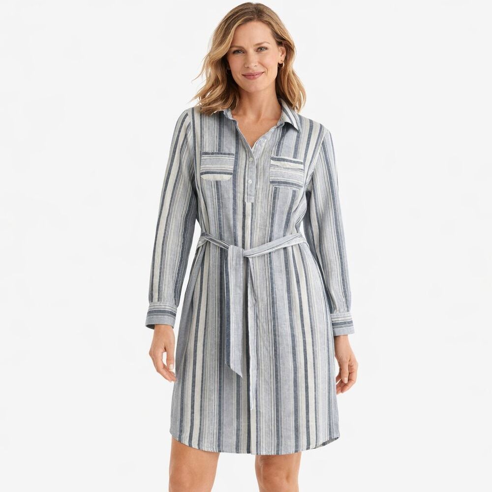 Chicos Linen Blend Popover Shirt Dress Womens Sz 0 Small Indigo White Striped